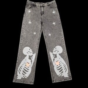 Editorial Department Skeleton Love Star Jeans‎ Womens L Gray Acid Wash Goth Punk